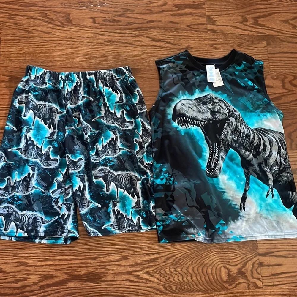 NWT boys dinosaur print 2 piece short set sleeveless top size L 10/12 - Picture 1 of 11